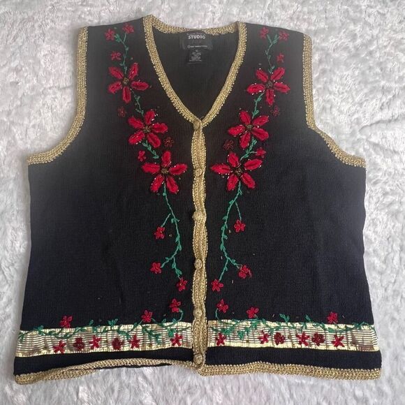 Designer Originals Studio JoyChristmas Black  Embroidered Knit Vest Size XL - Picture 1 of 5